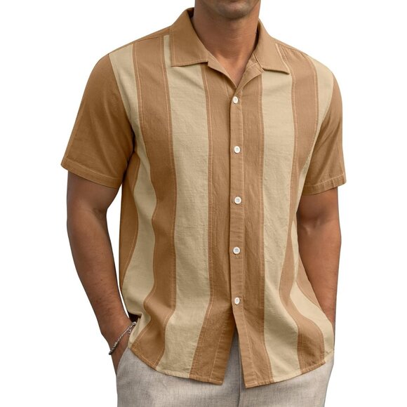 Men's Linen Shirt Short Sleeve Vintage Shirt Summer Casual Button Down - Picture 3 of 6